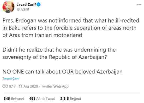 Cumhurbaşkanı Erdoğan'ın Bakü'de okuduğu şiir, İran Dışişleri Bakanı Zarif'i rahatsız etti