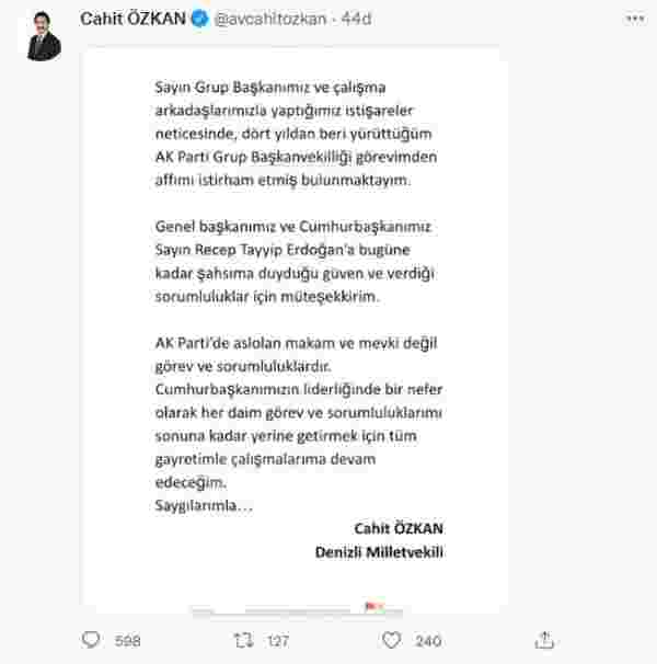 Görevden alınan AK Parti Grup Başkanvekili Cahit Özkan'dan ilk açıklama: Aslolan makam ve mevki değil, görev ve sorumluluklardır