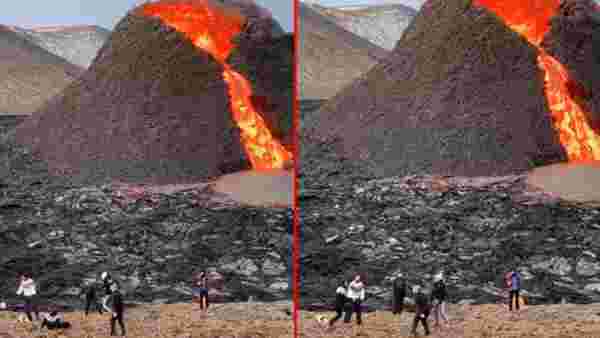 Görüntü İzlanda'dan! Başbakanı dinlemeyip patlayan volkanın önünde voleybol maçı yaptılar