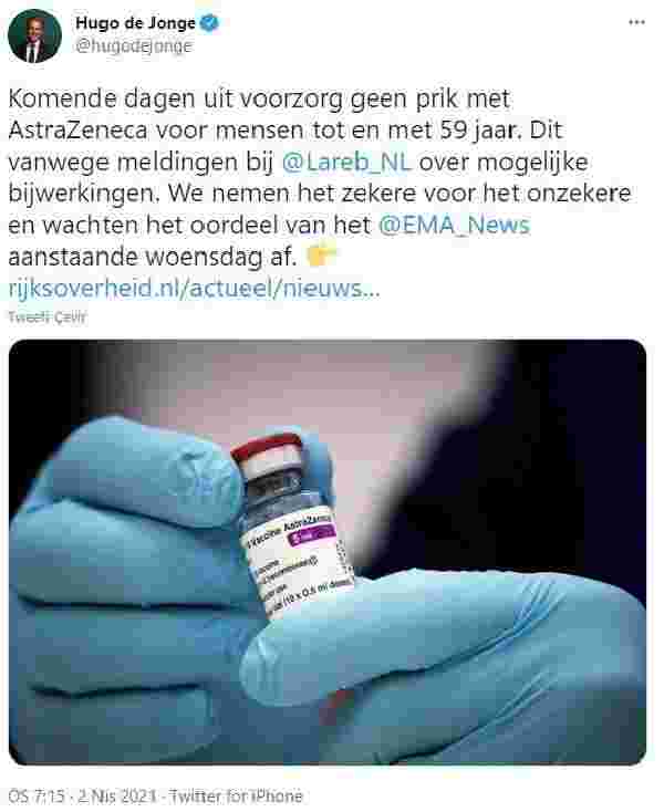Hollanda, AstraZeneca aşısının 60 yaş altı kişilere uygulanmasını yasakladı