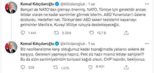 Kılıçdaroğlu'ndan Bahçeli'ye NATO yanıtı: Türkiye'deki ABD askeri tesislerini kapatmayı Meclis'e getirsinler, kabul ederiz