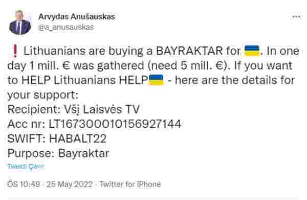 Litvanyalı Bakan'dan 'Bayraktar' hamlesi! Ukrayna'ya destek için IBAN paylaştı