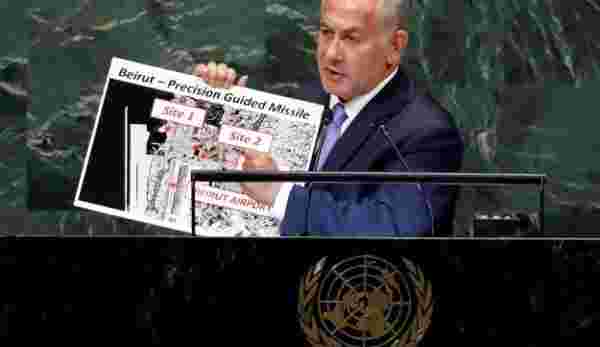 Netanyahu, Beyrut'taki patlamanın olduğu yeri 2018 yılında BM'de işaret etmiş