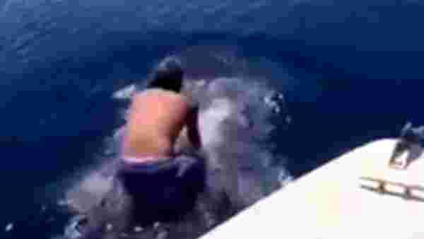 Suudi Arabistan'da bir adam köpek balığının sırtına binerek denize açıldı