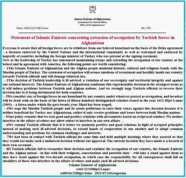 Taliban'dan Türkiye'ye 8 maddelik tehdit: Hangi ülke olursa olsun, Afganistan'da kalan tüm taraflara karşılık vereceğiz