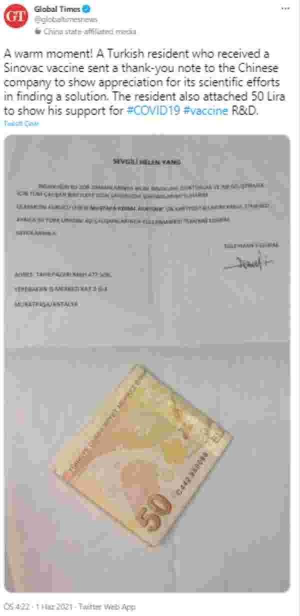 Türkiye'de aşı olan vatandaş, Sinovac'a teşekkür mektubu ve 50 lira gönderdi
