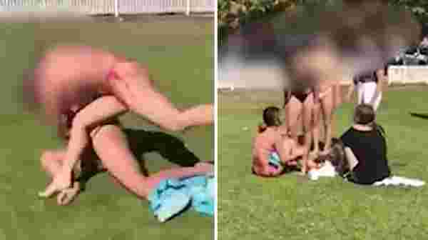 Video kısa sürede viral oldu Kavga eden kızların bikinisi düştü, erkekler tempo tuttu