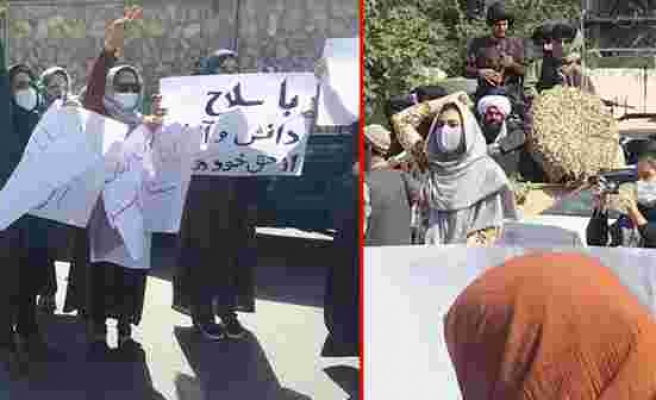 Afgan kadınlar sokakta! Taliban üyelerinin karşısına geçip eylem yaptılar
