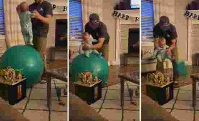 Çocuğunu Üzerinde Zıplattığı Dev Balon Bir Anda Patlayınca Talihsiz Bir An Yaşayan Baba