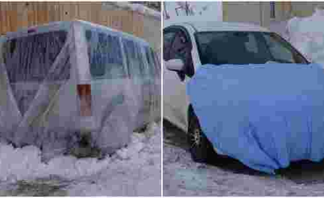 Hakkari'den 'Kara Kış' Manzaraları: Eksi 20 Derecede Araçlara Naylon ve Battaniye Koruması