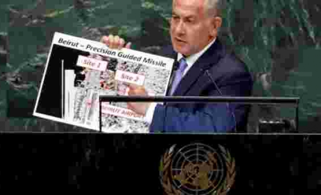 Netanyahu, Beyrut'taki patlamanın olduğu yeri 2018 yılında BM'de işaret etmiş