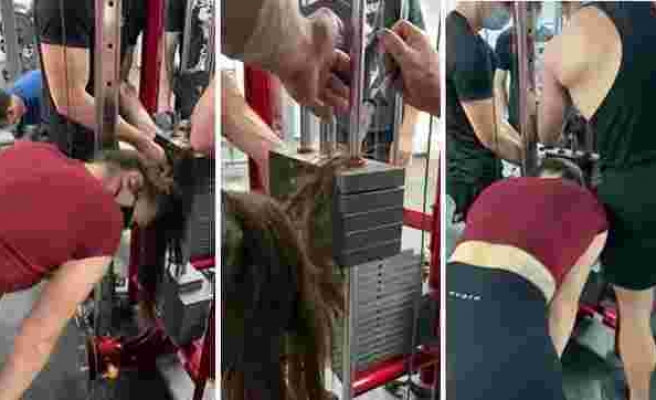 Spor Salonunda Ağırlık Çalışırken Saçları Ağırlıklara Dolanan Kadının Zor Anları